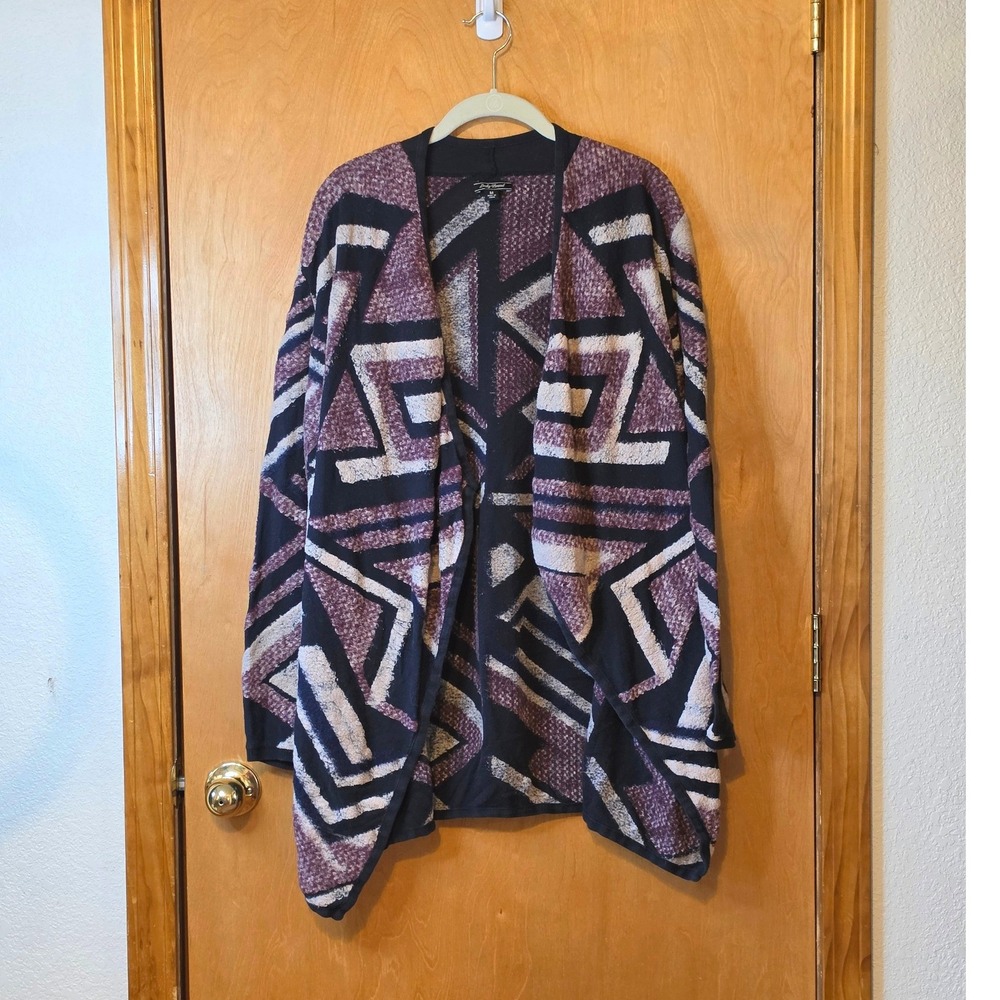 Lucky Brand Womens Geometric Tribal Print Open Front Cardigan Burgundy M Flaw